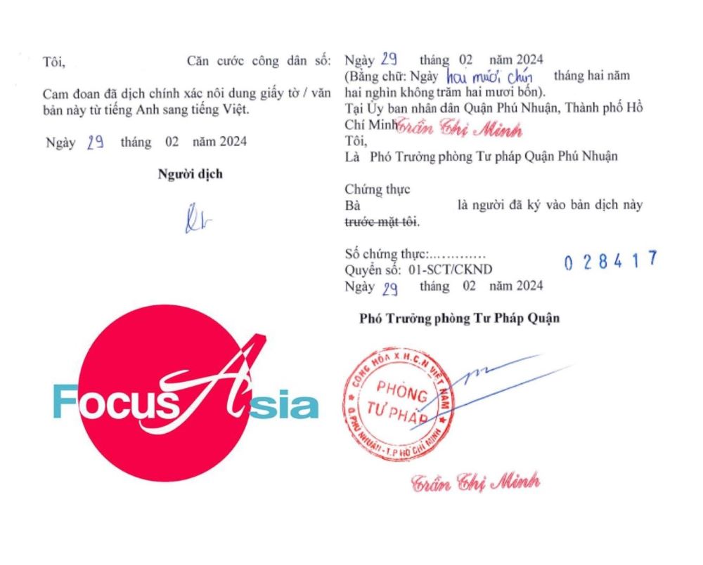 English to Vietnamese Notarization Sample in Asia