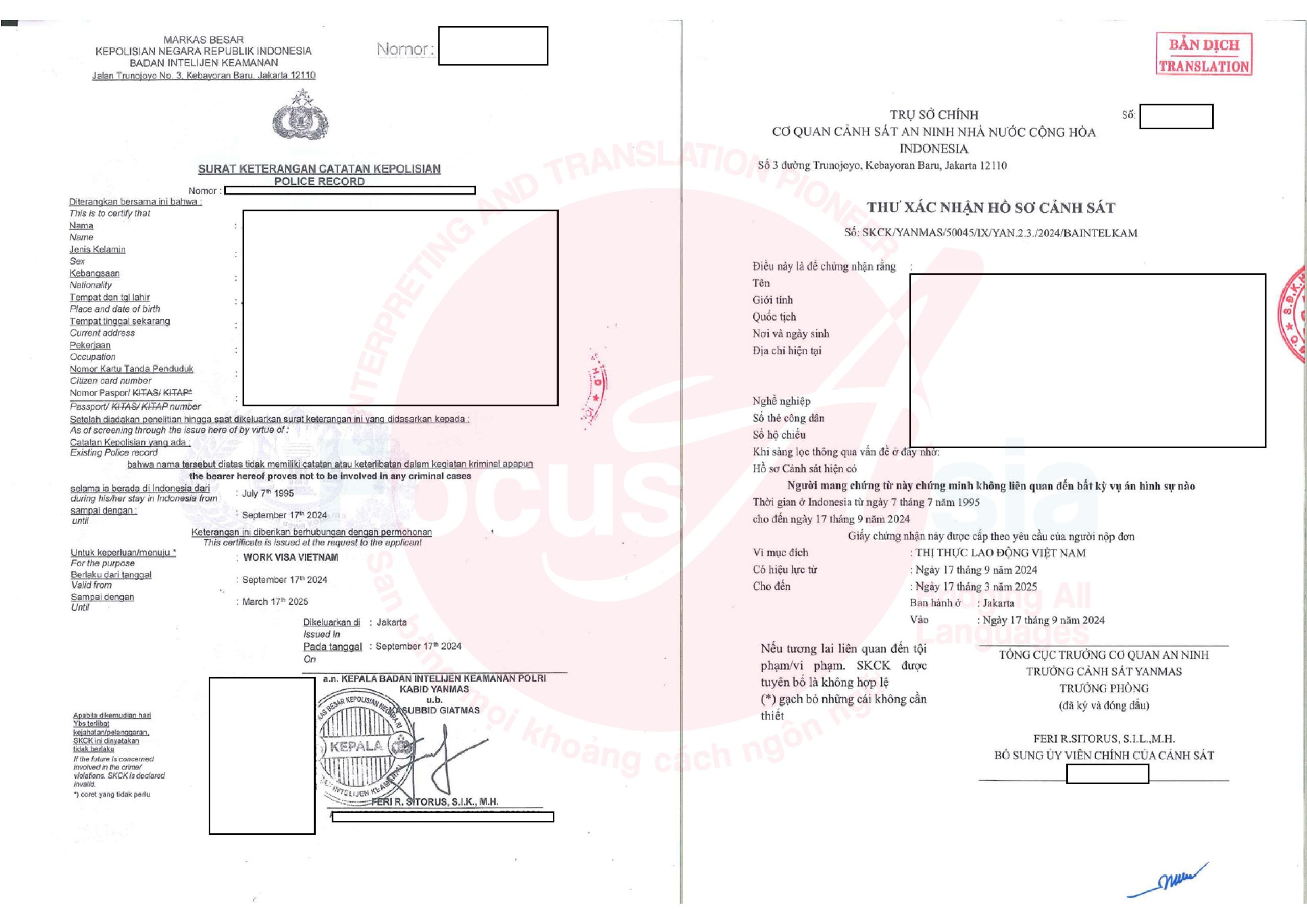 Translation and Notarization Service of Indonesia Police Record