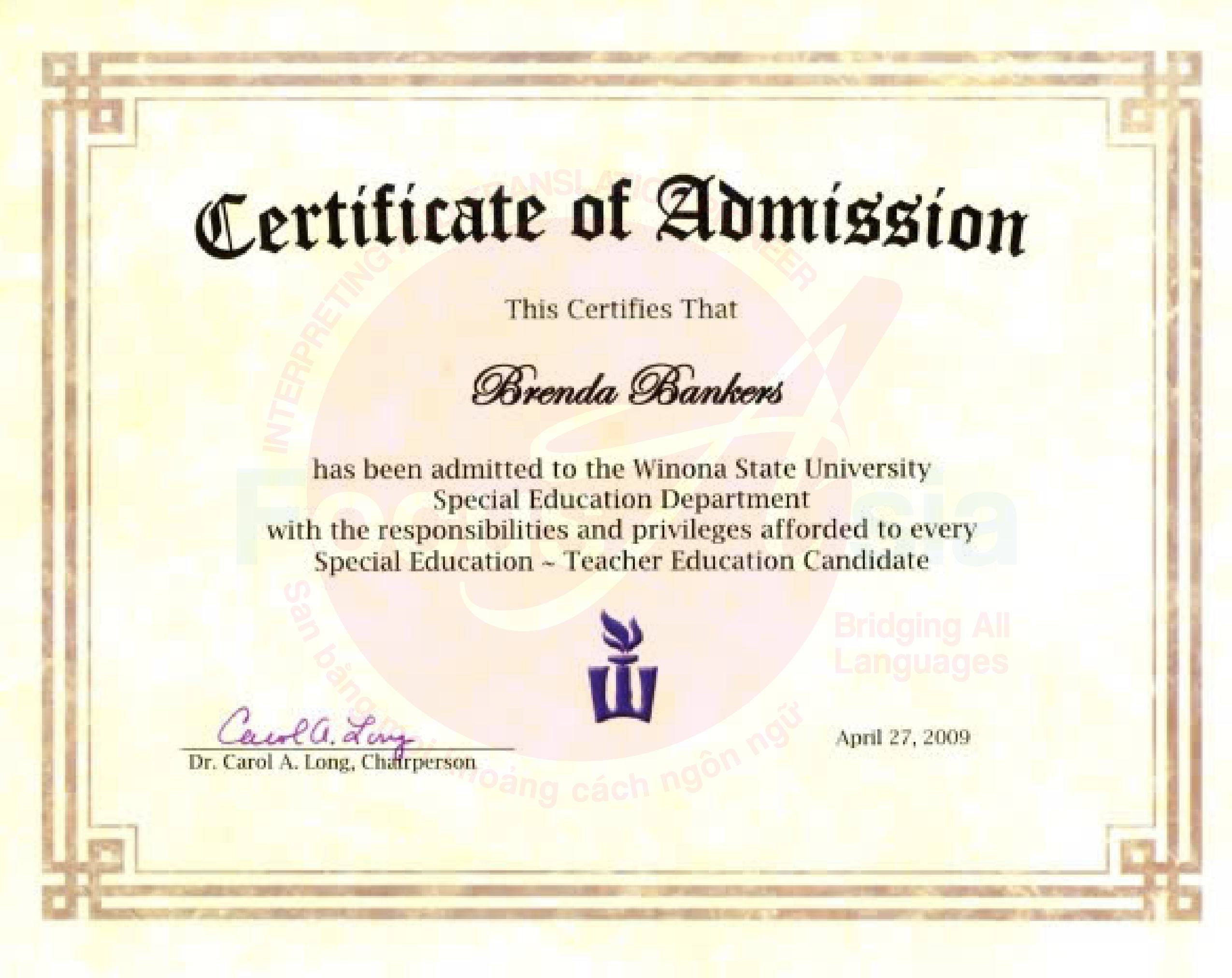 Certificate of Admission