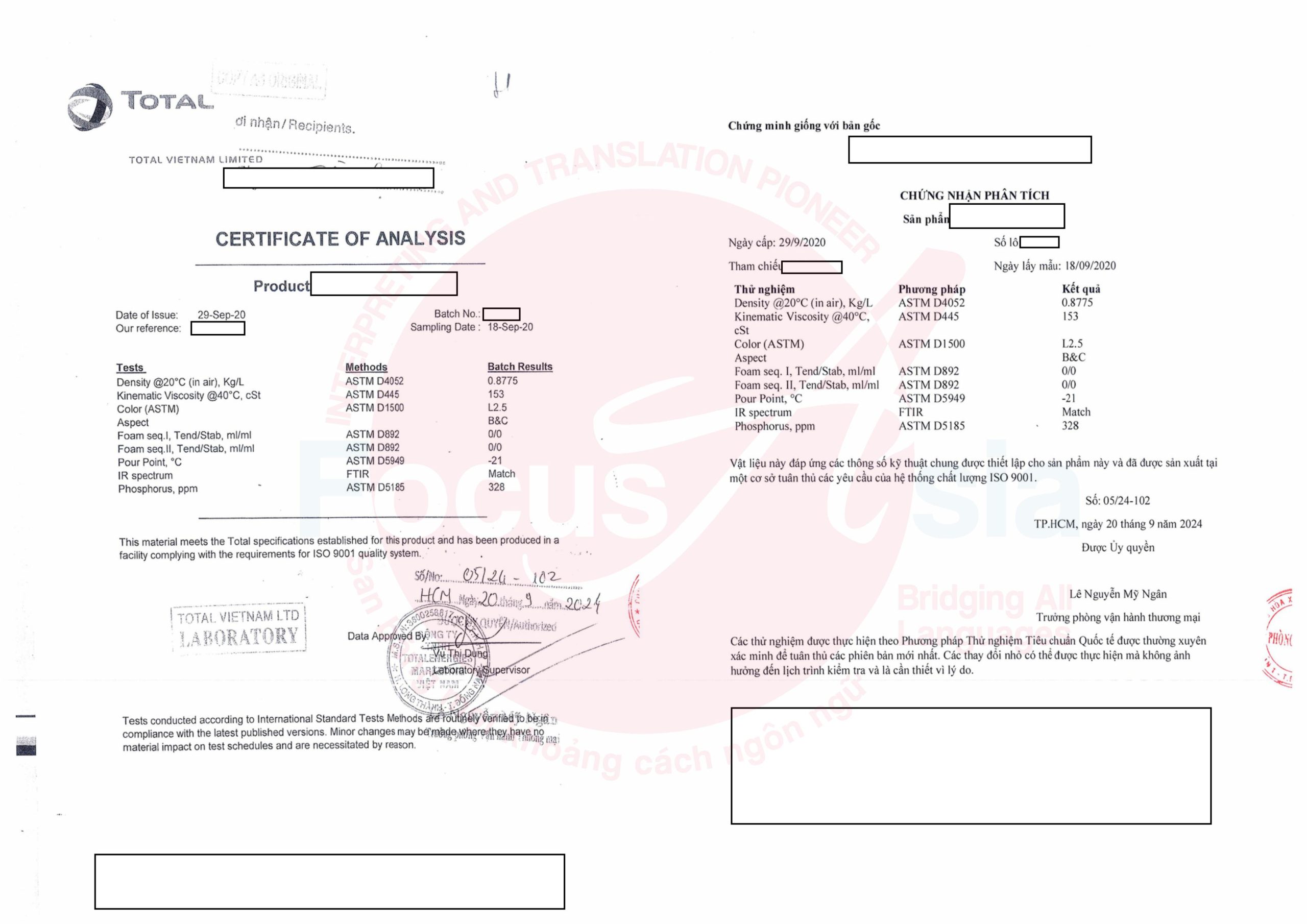 Translation and Notarization Service of Certificate of Analysis