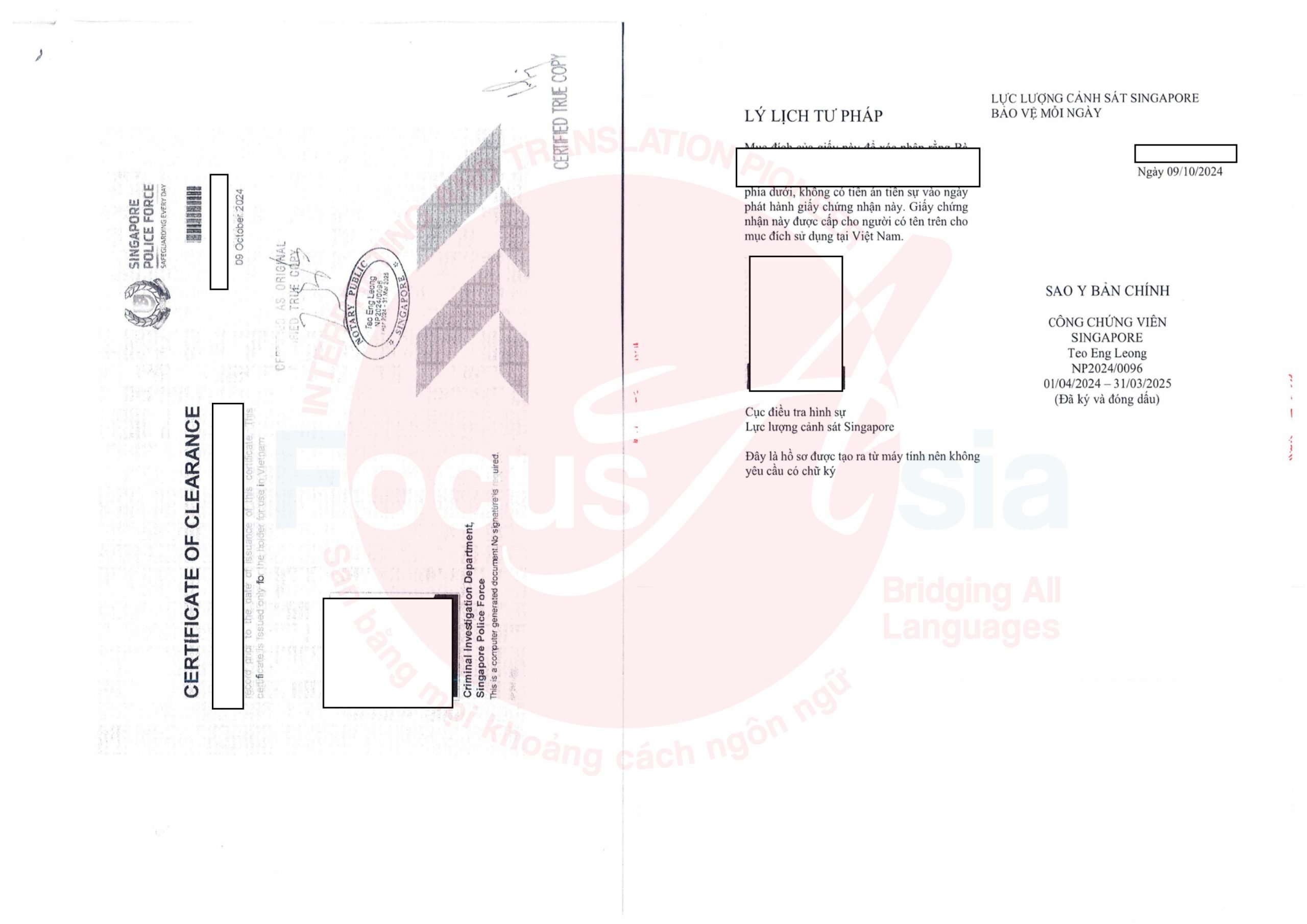 Translation and Notarization Service of Singapore Certificate of Clearance