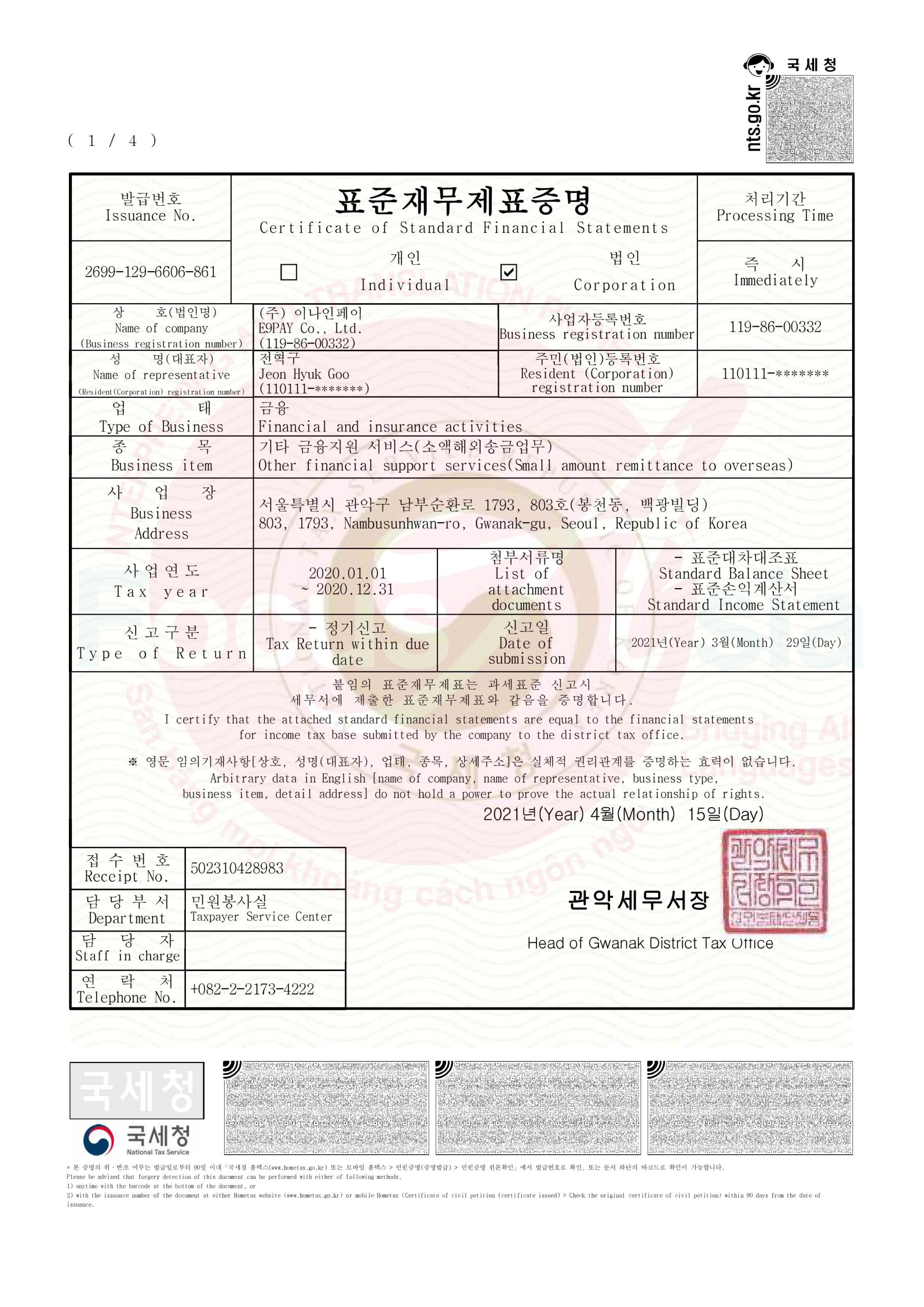 Standard Financial Statement Certificate