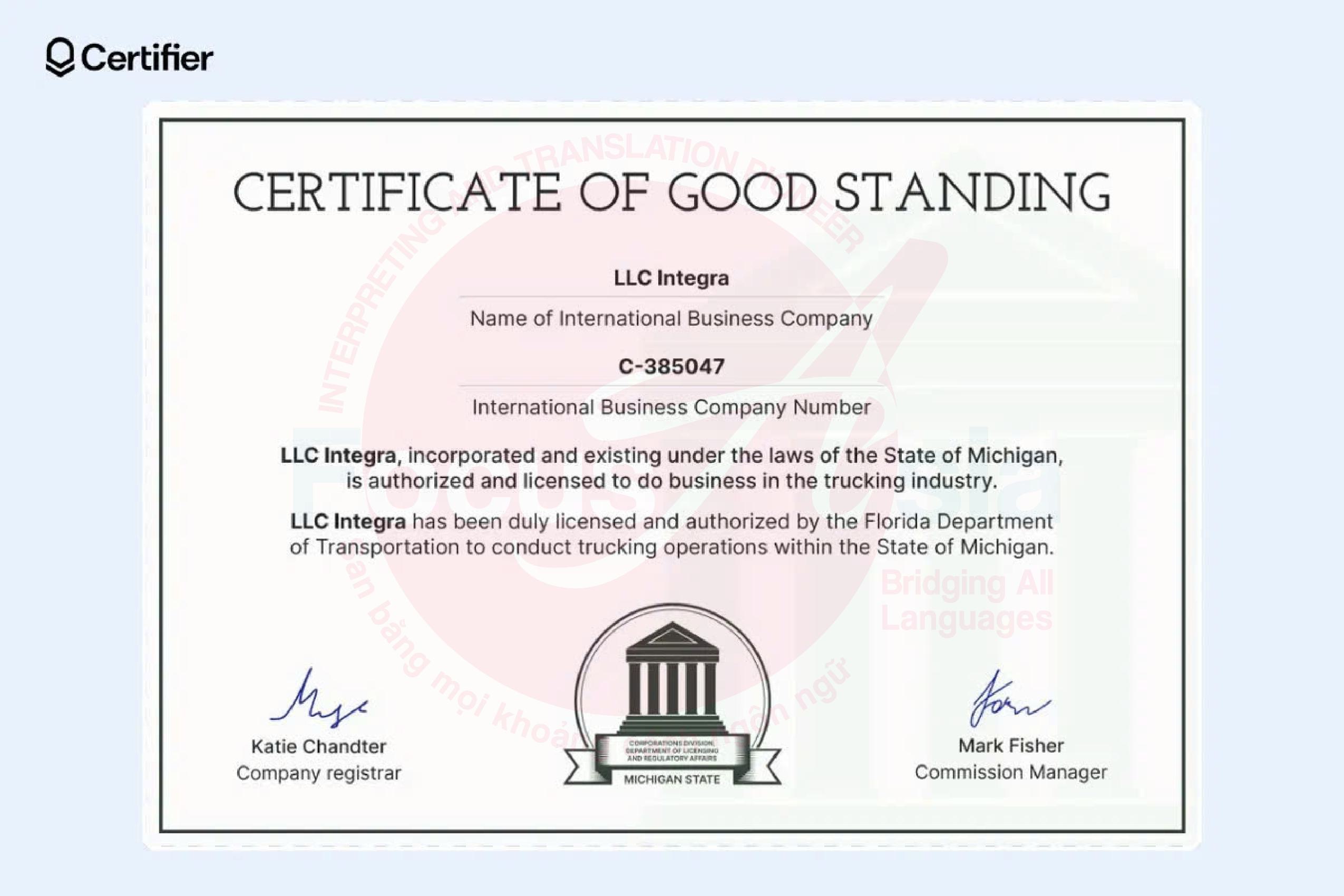  Company Good Standing Certificates