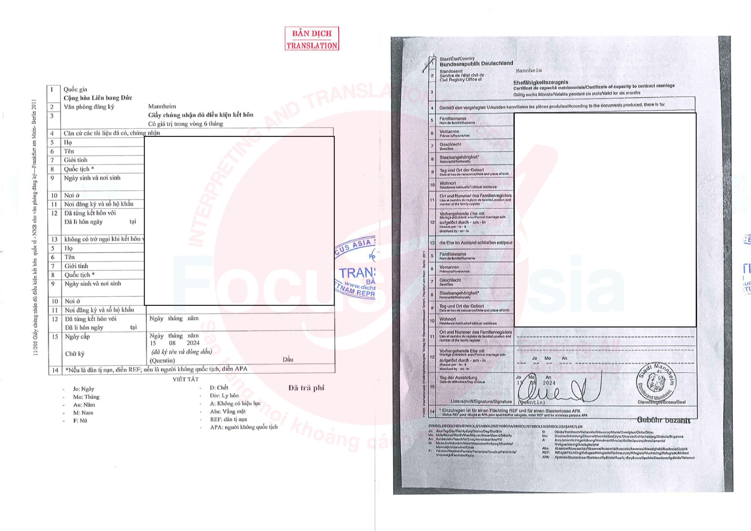 Translation and Notarization Service of Germany’s Marital Status Certificate