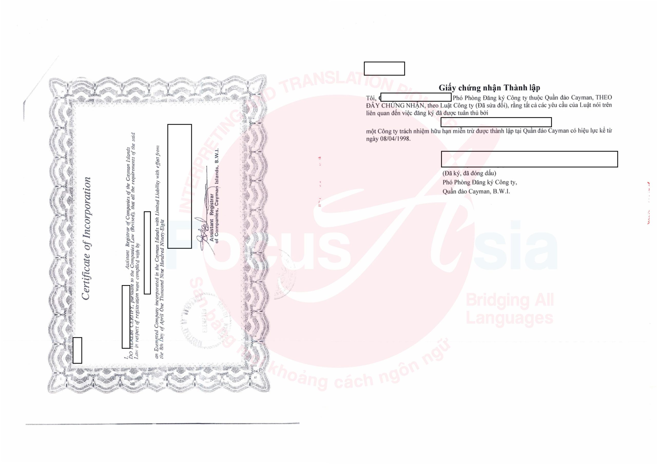 Translation and notarization services of Certificate of Incorporation