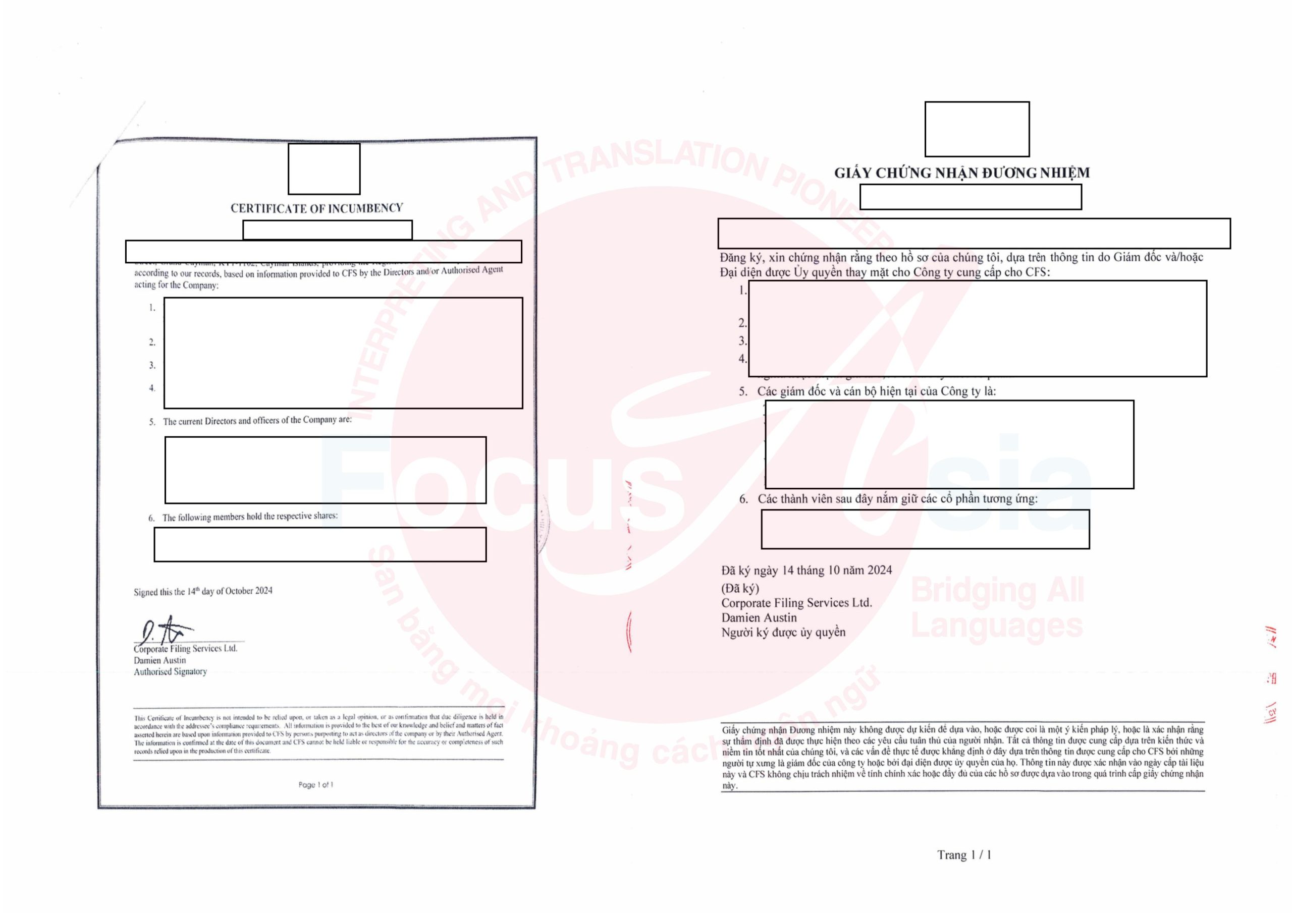 Translation and notarization services of Certificate of Incumbency