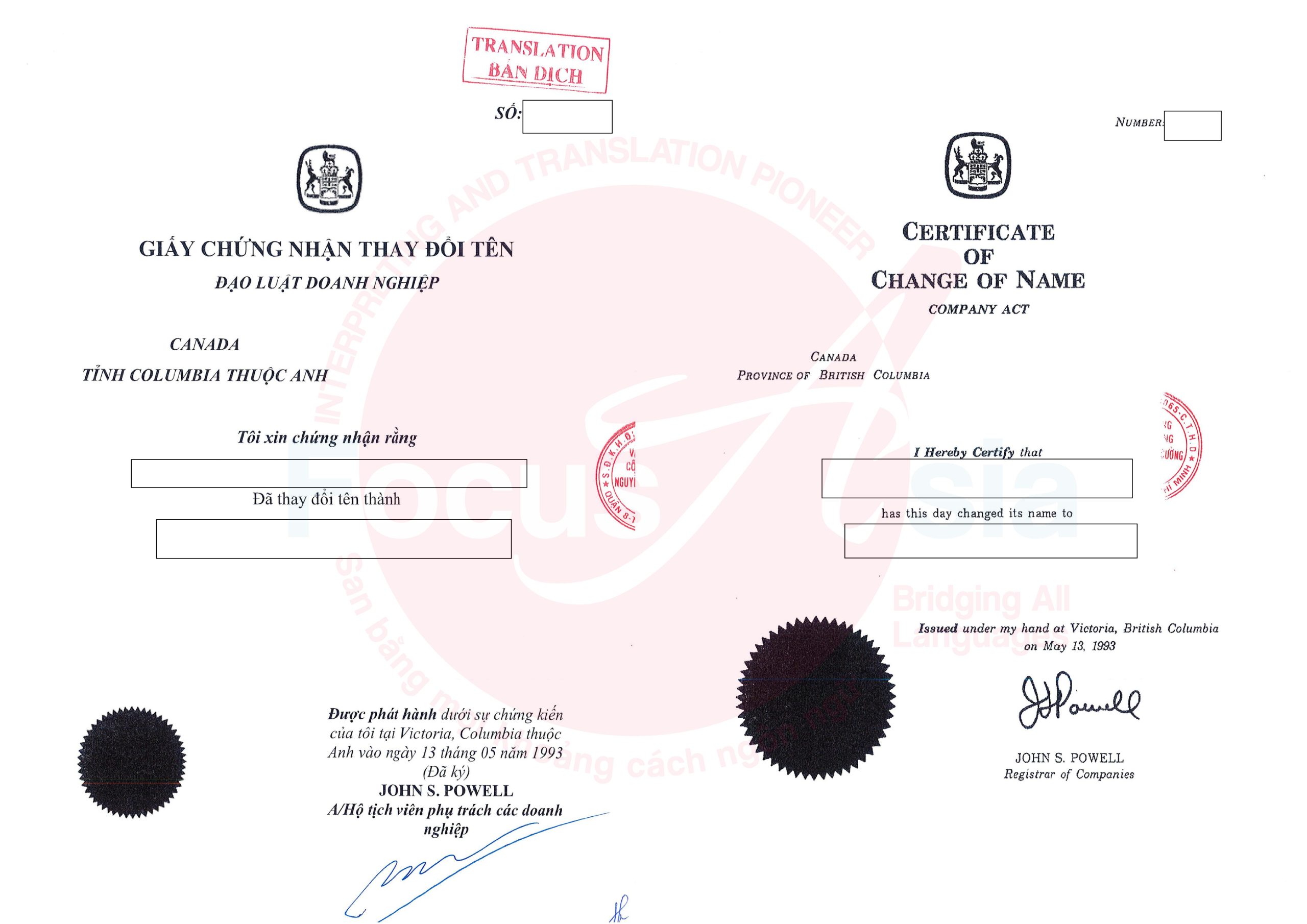 Translation and Notarization Service for Business Certificate of Change of Name