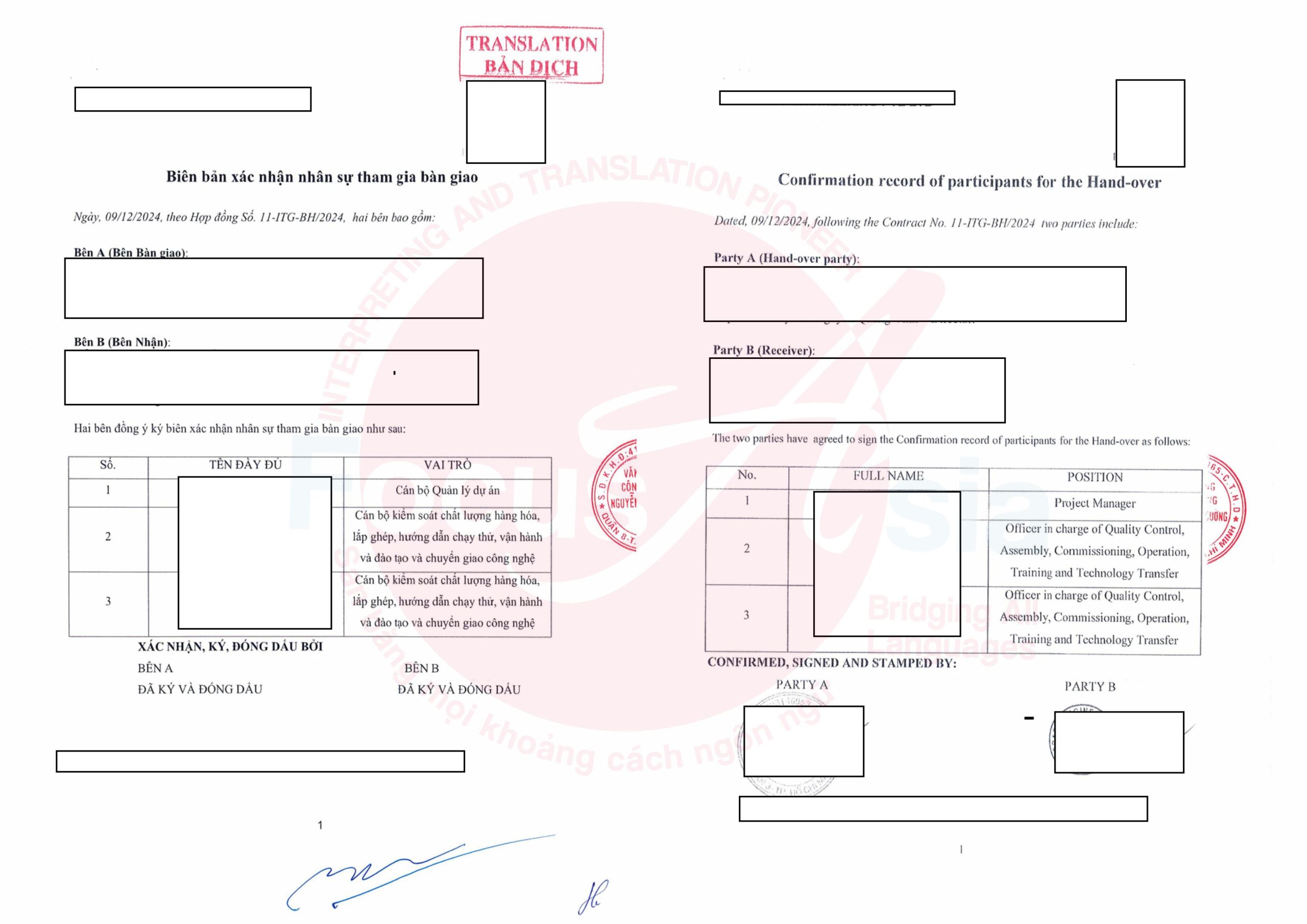 Translation and Notarization Service for Personnel Handover Confirmation Minutes