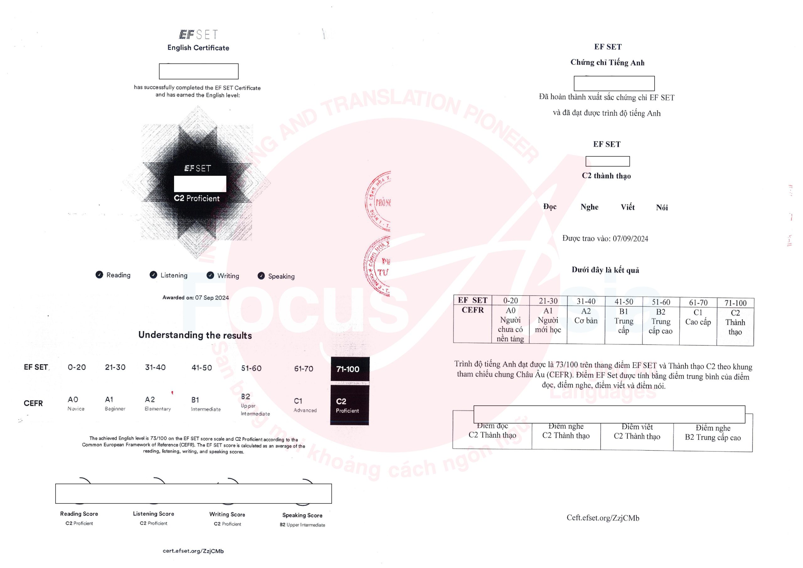 Translation and Notarization Service for EFSET Certificate