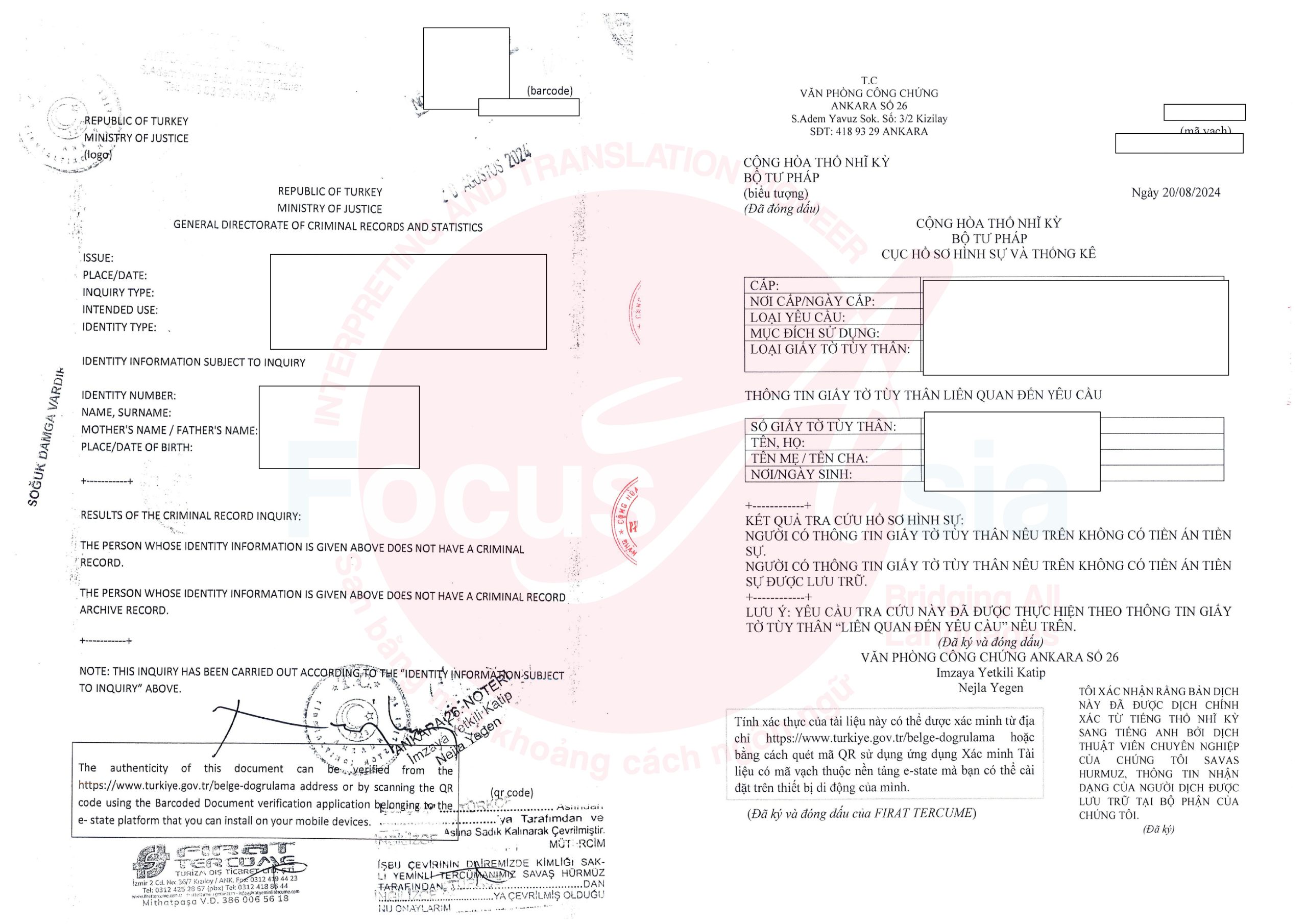 Translation and Notarization of Turkish Criminal Record