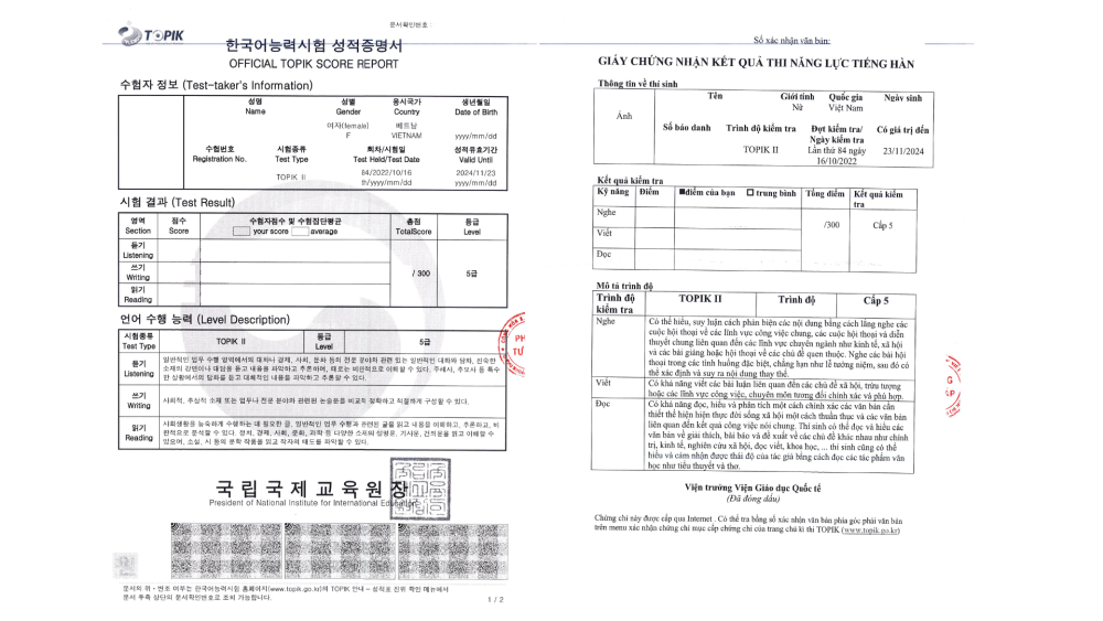 Dịch và công chứng chứng chỉ TOPIK