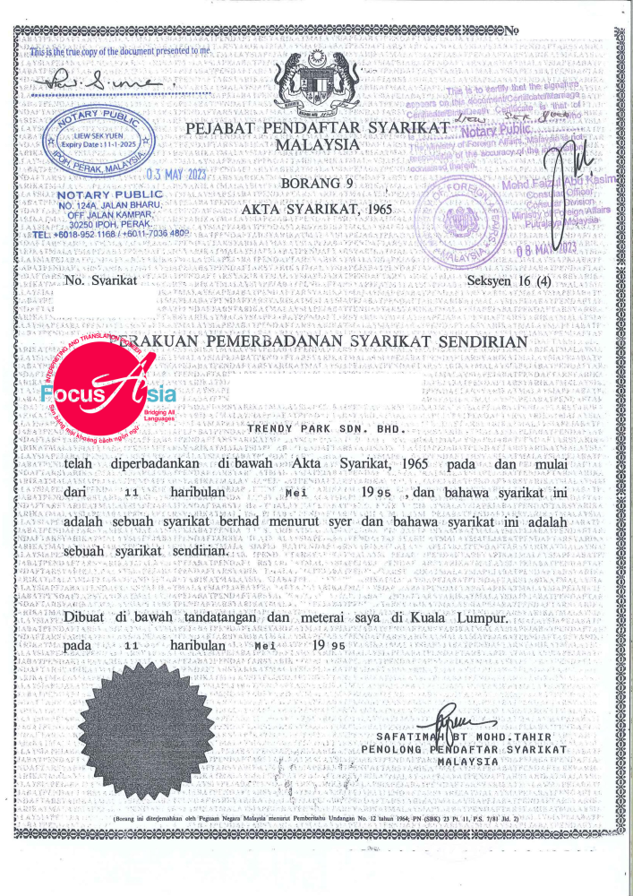 Dịch công chứng giấy chứng nhận thành lập doanh nghiệp tiếng Malaysia