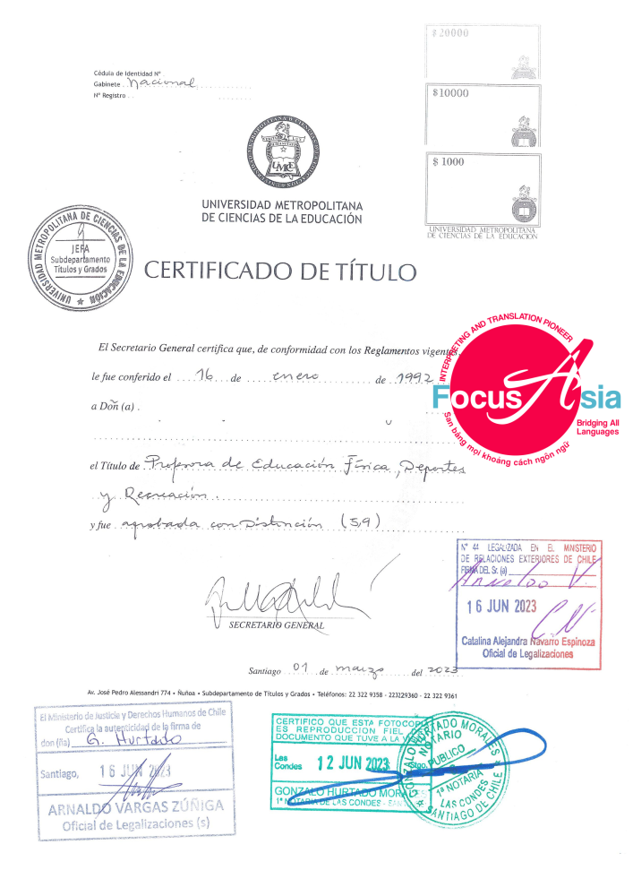 Giấy chứng nhận văn bằng do Tây Ban Nha cấp