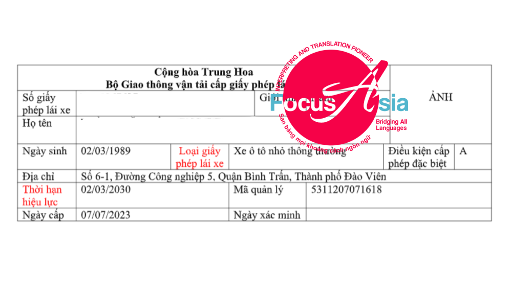 Bản dịch bằng lái xe Đài Loan chuẩn