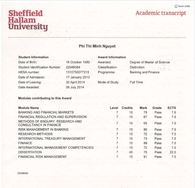 bảng điểm đại học Sheffield Hallam
