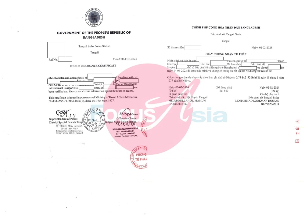 Dịch và công chứng giấy chứng nhận tư pháp Bangladesh cấp 