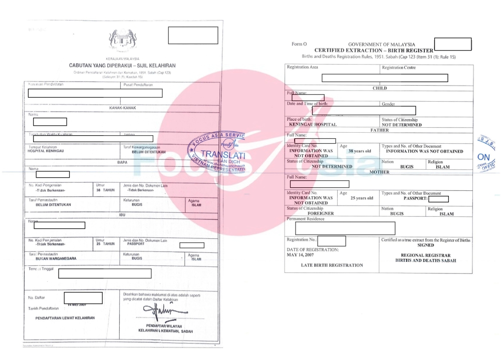 Dịch thuật và công chứng giấy đăng ký khai sinh Malaysia sang tiếng Anh