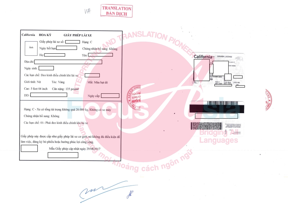 Dịch Và Công Chứng Giấy Phép Lái Xe California USA