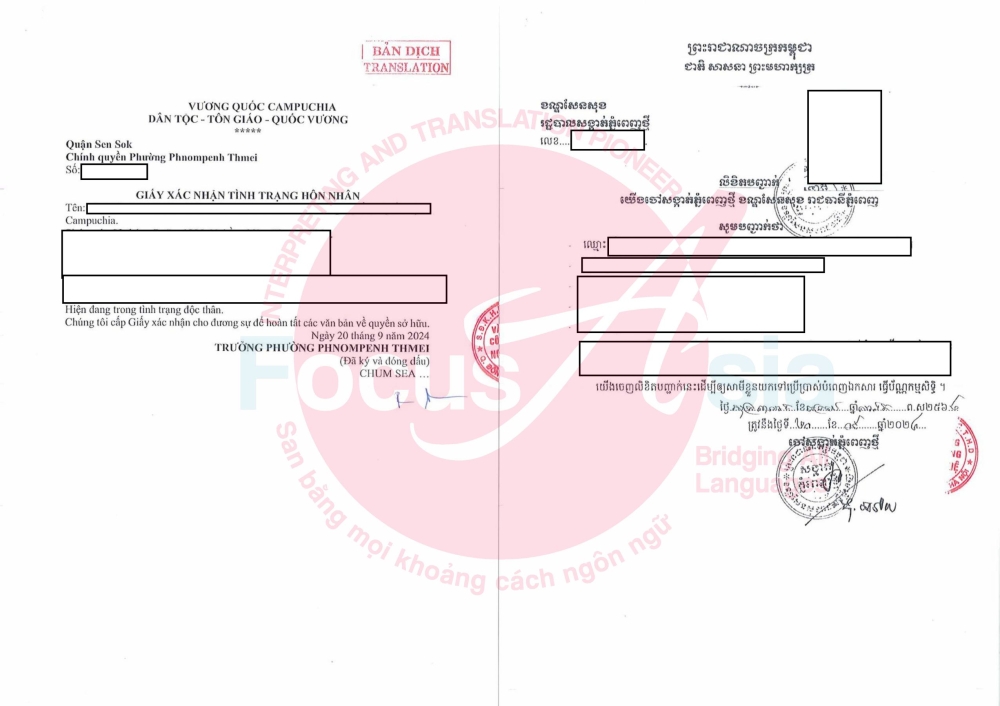 Dịch Vụ Dịch và Công Chứng Giấy Chứng Nhận Độc Thân Campuchia